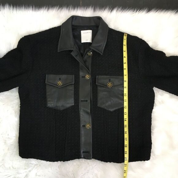 Sandro Black Cropped Leather Trim Button Front Tweed  Boucle Jacket Size 10 - Picture 13 of 17